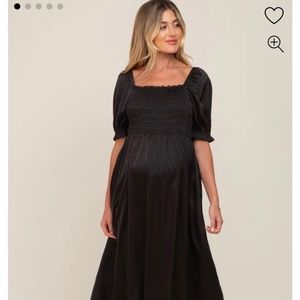Pink Blush Maternity Black Satin Midi Smocked Dress Puff Sleeve Wedding